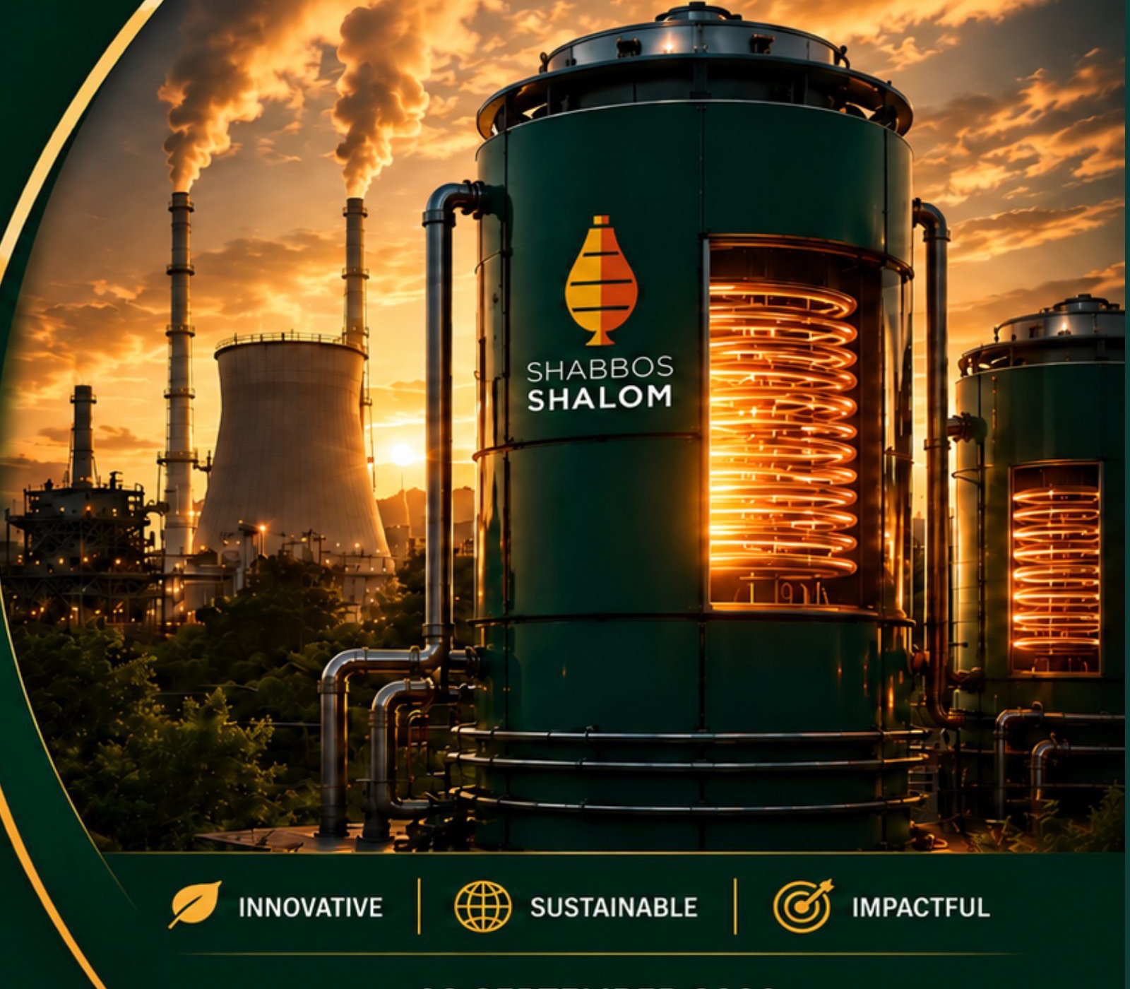 Concept render of the Shabbos Shalom thermal battery: a deep green cylindrical tank with a glowing copper coil, beside a power station at sunset