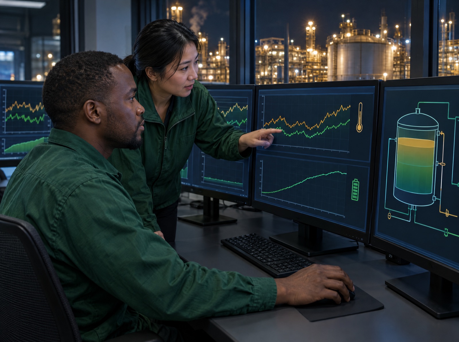 Two engineers in a control room study live charts of temperature and battery charge