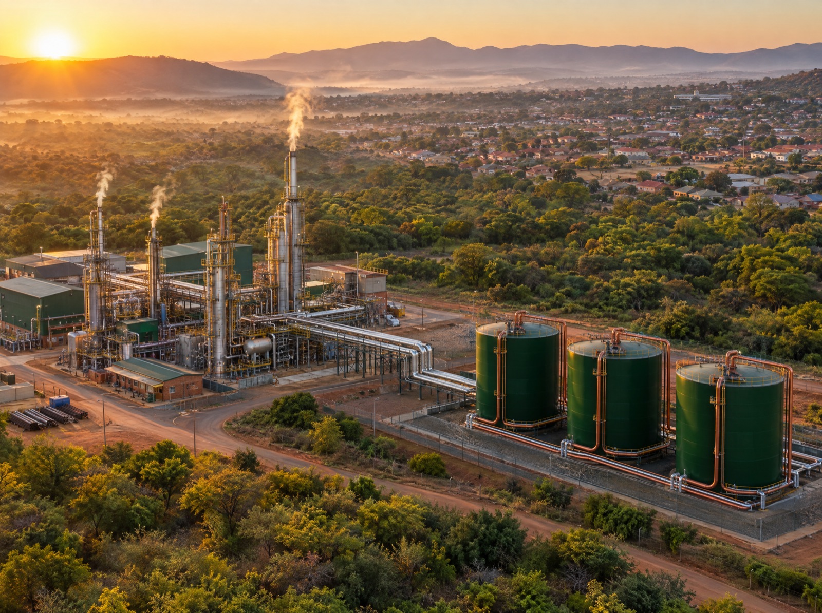 Aerial view at sunrise of an industrial plant with green storage tanks beside bushveld and a township under clear skies
